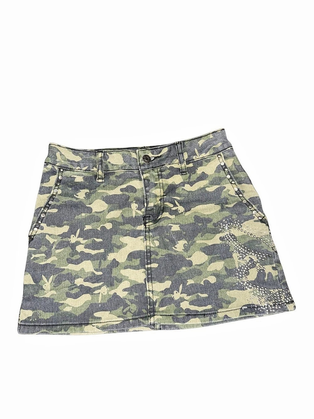 Playboy Rhinestone Bunny Logo Camouflage Jean Mini Skirt